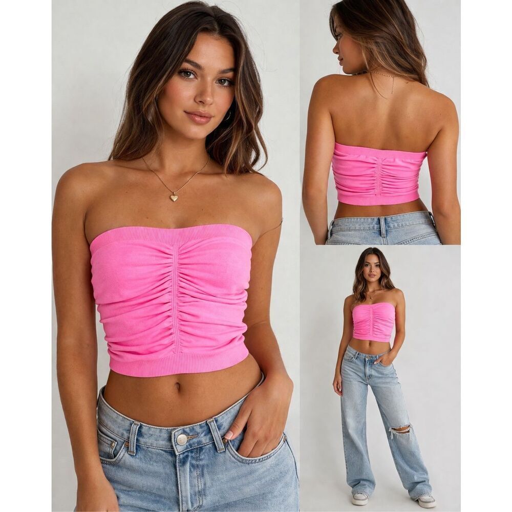 Tammy Mars Neon Pink Seamless Ruched Tube Top One Size Bodywear